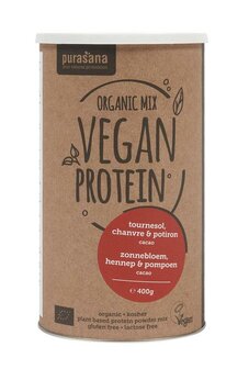 Vegan proteine zonnebloem hennep pompoen cacao bio Purasana 400g